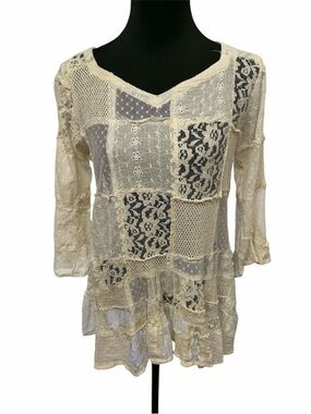Paper Lace M Cream Patchwork Lace Tunic Boho Sheer Crochet Cottagecore Top
